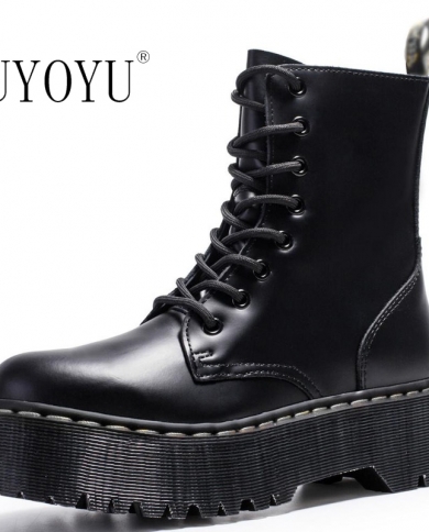 Brand 3542 Women Winter Genuine Leather Platform Boots Black Ankle Boots Motorcycle Thick Heel Platform Boots Booties H