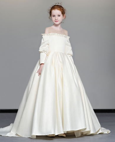 فستان أطفال جديد من الساتان بأكمام طويلة فستان الأميرة فستان زفاف للأطفال