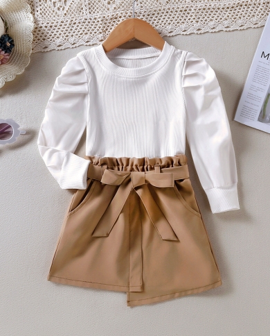 Girls New Solid Color Round-collar T-shirt And Bow Belt Skirt Two-piece Set