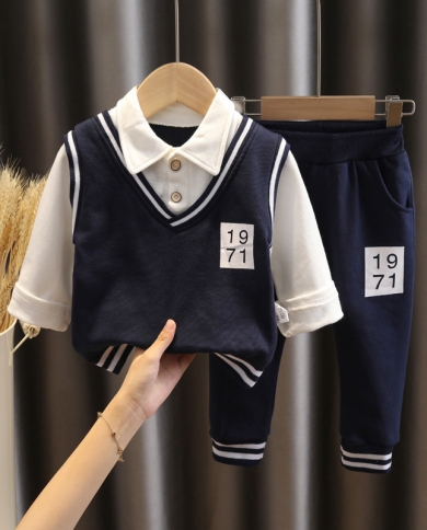 סט בגדי סתיו תינוק בסגנון קולג בגדי ילדים דש סוודר מזויף שני חלקים בן 1-3 שנים 4 ילדי גאות SP