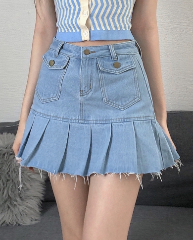 Summer Women Burr High Waist Denim Skirts  Pocket Stitching Mini Skirt  Temperament Slim A Line Pleated Skirt Cowgirlski