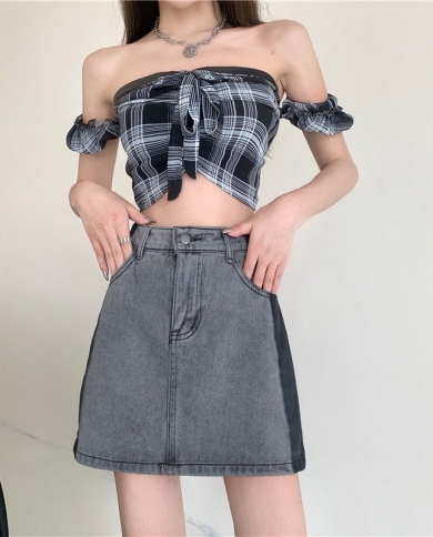 High Waist A Line Skirt Women Clothing Summer 2022 New All Match Gradient Fashion Contrast Color Denim Skirts Slimming H