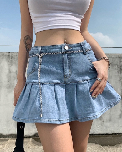 Pleated Denim Skirt  Style 2022 Summer Womens Clothing  Washed Solid Mini Skirts Vintage High Waist Slim A Line Skirt