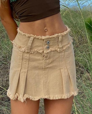 Hot Girl  Breasted Pleated Frayed Wooden Ear Design Denim Skirt Fashion Cowgirl Skirts Slimming Hip Raise Temperament Sk
