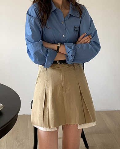 Solid Color Split Fork Pleated Skirt College Style Women 2022 Spring  High Waist Thin A Word Bag Hip Skirts Casual