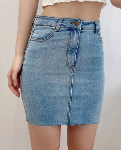 Solid Denim Short Skirt Womens 2022 New High Waist Hip Lift Elastic Tight Tight Slim Pack Hip Short Skirt Raw Edge A Li