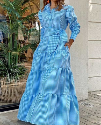 חדש כחול צרפתי אלגנטי חצאית ארוכה שרוולים ארוכים חולצת דש משובצת משרד גברת קו אבנטים שמלות וינטג vestido de