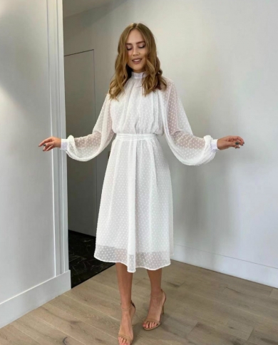 Fashionable  Elegant French Solid White Black Temperament Lantern Sleeve Waist Closing Thin Skirt Office Lady Dresses Fo