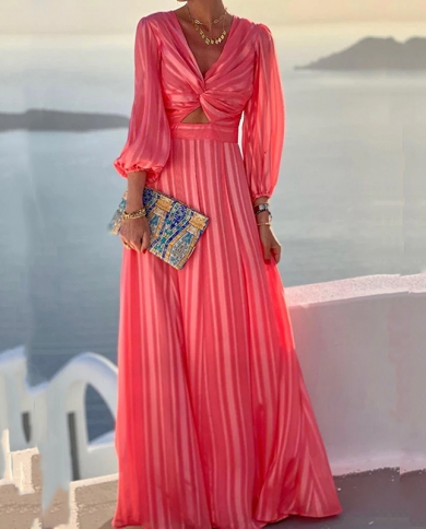 Automne décontracté fente Boho plage robe Mujer femmes élégant couleur unie à manches longues robe évider profond V plissé fête 