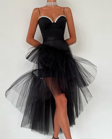 Women Classic Black Slim Spaghetti Straps Evening Dress Elegant Mesh Lace Party Dress  Sleeveless Wrap Breast Cocktail D