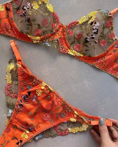 Yimunancy 2 Piece Floral Embroidery Lingerie Set Women Transprent  Exotic Sets Orange Rural Style Fancy Kit
