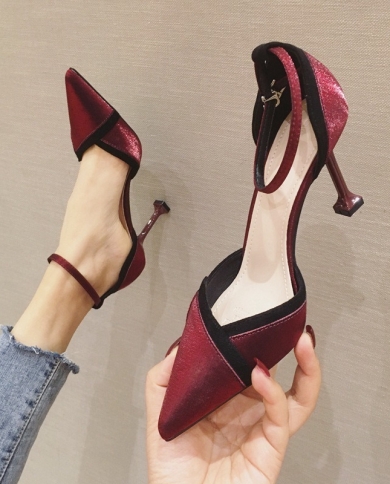 New Stiletto High Heels Satin Color Matching Word Buckle Pointed Toe Womens Shoes Sandals High Heels  Single Shoeshigh 
