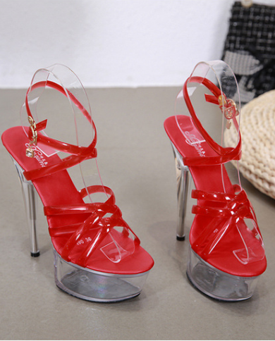Summer New Catwalk Banquet Shoes Super High 15cm Stiletto Platform Sandals Female Transparent Crystal Shoes Wedding Shoe