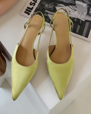 Women Pumps 65cm Dress Shoes Satin Party High Heels Sanddals Spring Summer Shoes Slingback Pointed Toe Green