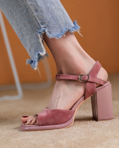 Women Sandals Buckle Strap Shoes Kid Suede Thick High Heel Woman Sandals Spring Summer Shoes Open Toe