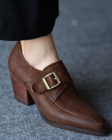 Women Pums Spring Autum Thick Square Heeled Cow Leather Woman Daily Pumps  Pointed Toe Ladies Buckle Shoes On Heel 6 Cm 