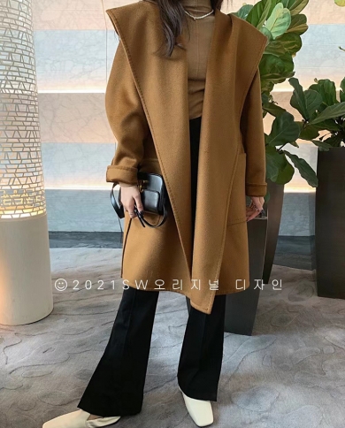  Womens Water Corrugated Double Sided Frosted Trench Coat Hooded Warm Lacing Wool Cashmere Coat