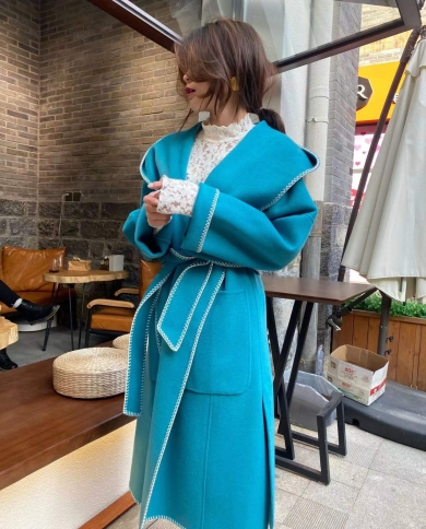  Winter New Womens Cashmere Coat Hooded Long Wool Thin Coat