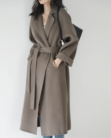 2022 Autumn Winter Womens Woolen Coat Long Wool Coat Female Solid Color Lengthen Cashmere Coat Plus Size Windbreaker  W