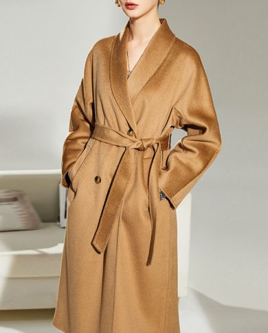 Winter Womens Overcoat Water Corrugated Cashmere Double Faced Woolen Overcoat Womens Medium Length Plain Wool Overcoat