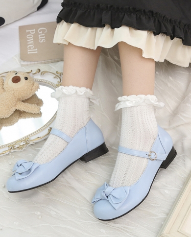 Round Head Asakuchi Women Shoes Bow Knot Buckle Strap High Heels Fashion Square Heel Ladies Pumps Casual Shoe New Talons