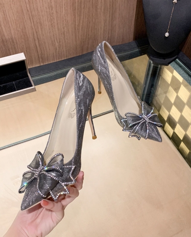 New High Heeled Shoe Diamond Rimmed Bow High Heels Bridesmaid High Heels Streamer Ladies Wedding Shoes Banquet Party Dre