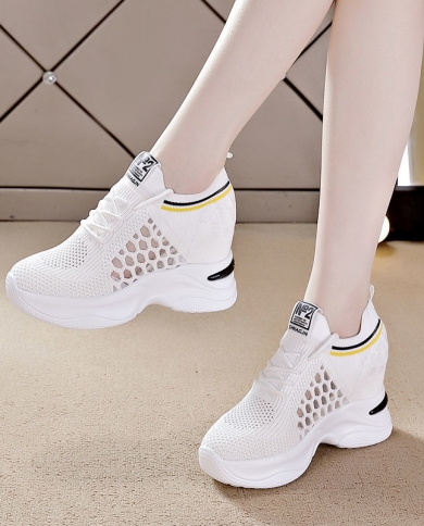Women Sports Shoes Flying Woven Mesh Hollow Breathable Sports Shoes Thick Bottom Inner Heightening Casual Shoe Platform 