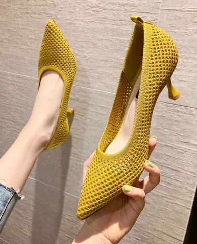 Pointed Toe High Heels Shallow Mouth Stiletto Shoes Breathable Mesh 2022 Summer New Womens Shoes Chaussure Femme