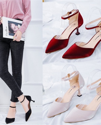 Pointed Toe High Heels Fashion Solid Color Women Shoes Buckle Strap Thin Heels Shoes Casual Breathable Ladies Pumps New 