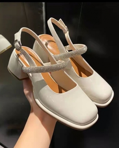 Baotou Sandals Womens 2022 Summer New Square Head Rhinestones With Thick Heel Mary Jane High Heels Shoes Zapatos Mujer