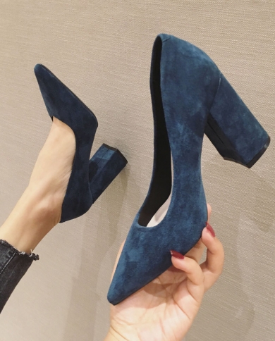 Shallow Fashion Women Shoes Breathable Flock Ladies High Heels Pointed Toe Square Heel Woman Pumps New Casual Shoes Talo