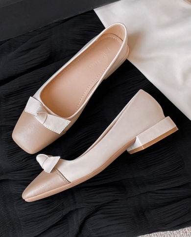 Single Shoes Womens 2022 Autumn New Square Toe Shallow Mouth Color Blocking Bow Thick Heel Low Heeled Womens Shoes Zap
