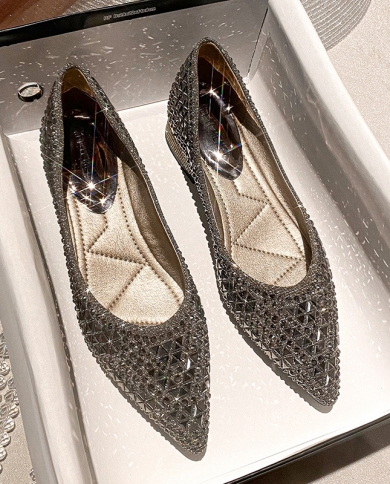 حذاء نسائي بمقدمة مدببة من Zapatos بنمط صيفي 2022 حذاء نسائي مسطح من حجر الراين للفم الضحل مقاس كبير Zapatos M