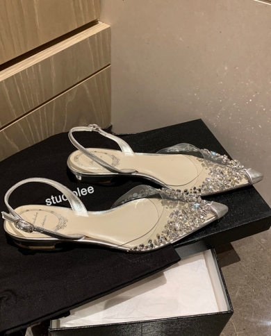 Shoes For Women Rhinestone Transparent Sandals 2022 Spring Feeling Baotou Low Heel Flat Pointed Toe Crystal Womens Shoe
