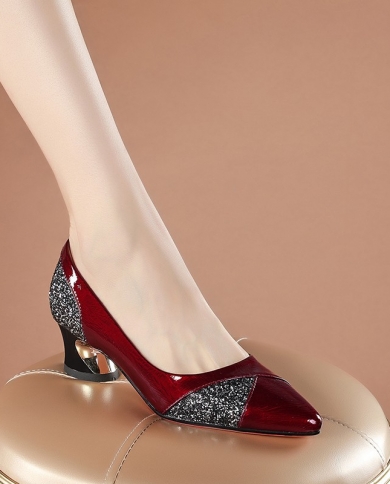 High Heels Sandals Pumps Women Shoes Zapatos De Mujer Tacon Medio Elegantes Patent Leather Sequins Shallow Slip On Party