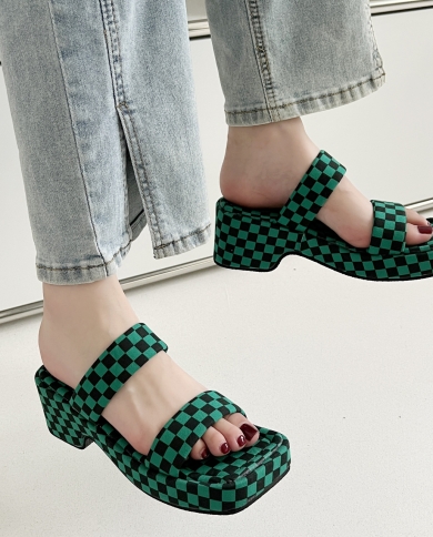 Fashionable Platform High Heeled Square Toe Open Toe One Word Slippers For Women To Wear 2022 Summer New Sandals Zapatos
