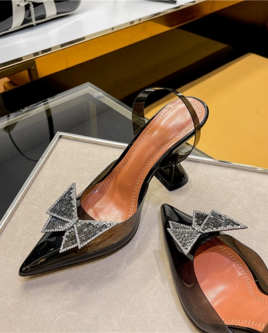 Zapatos individuales para mujer, sandalias de tacón de aguja transparentes a la moda, tacones altos, diseño de lazo con incrusta