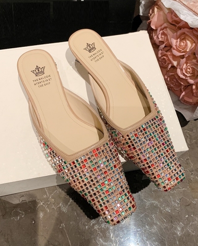 Square Toe Elegant Slippers Slip On Party Wedding Shoes Summer Sandal For Women  Pumps Shiny Crystal Summer Shoes Slip O