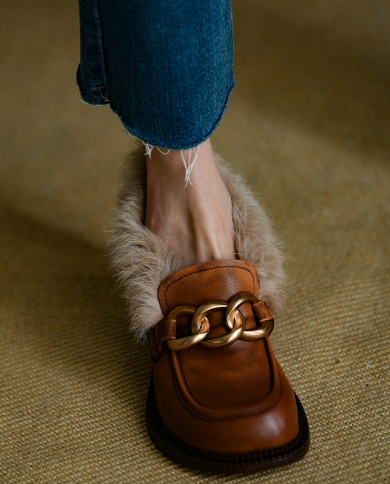 Women Retro Pums Winter Shoes Thick Square Heeled 55 Cm Simple Shoe Slip On Cowhide Big Toe Fur Shoes Warm Plush Fur Lo