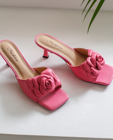 Women Summer Shoes 55cm Med Heel Flowers Sandals Elegant Party Shoes Soft Sheepskin Slippers  Heel Wedding Shoe Square 