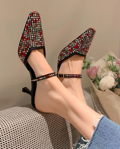 Square Toe Elegant Slippers Slip On Party Wedding Shoes Summer Sandal For Women  Pumps Shiny Crystal Slip On Spring Shoe