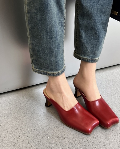 Womens Mules Slippers Elegant Square Heel Womens Close Toe Pumps Quality Cowhide Genuine Leather Slip On Pumps Spring 