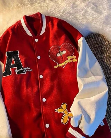  Retro Flocking Love Embroidered Jackets Womens  New Street Hip Hop Baseball Uniform Couple Casual All Match Coatsjacke