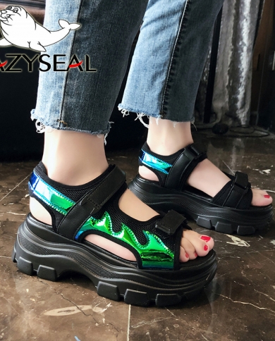 Lazyseal Bling Fashion Height Increasing Womens Sandals Platform Wedge Heel Shoes Women Hook  Loop Summer Ladies Sanda
