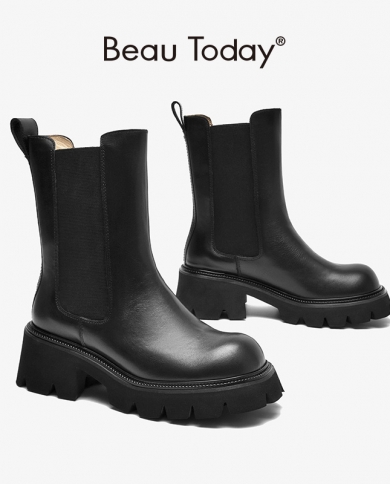 Beautoday Chelsea Ankle Boots Platform Women Calfskin Leather Round Toe Elastic Band Thick Sole Ladies Shoes Handmade 02