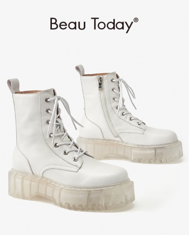 Beautoday White Platform Boots Women Calfskin Leather Lace Up Transparent Chunky Heel Female Motorcycle Boot Ankle Shoes