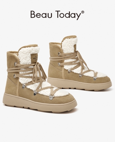 Beautoday, botas para la nieve, zapatos planos para mujer con cordones, punta redonda, gamuza de vaca, piel cálida, colores mezc
