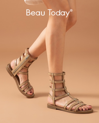 Beautoday, botas de gladiador de verano para mujer, zapatos planos de playa de media pantorrilla con cremallera lateral de cuero