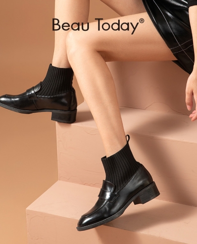 Beautoday Ankle Boots Women Genuine Cow Leather Square Toe Sock Boot Autumn Winter Slip On Ladies Shoes Handmade 03833an