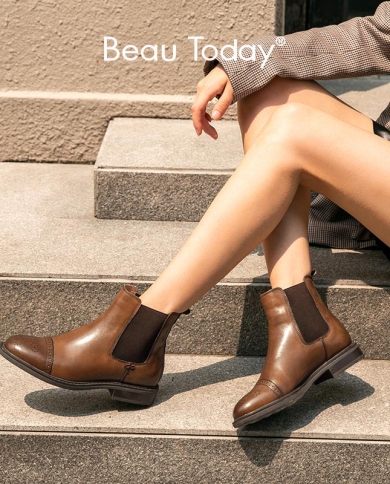 Beautoday Chelsea Boots Women Genuine Cow Leather Half Brogues Round Toe Elastic Band Ladies Ankle Boots Handmade 03638a